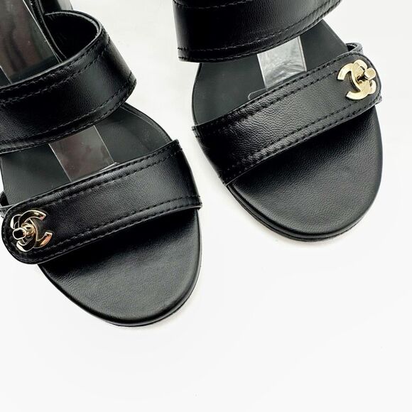 CHANEL 2021 Turnlock Black Slingback Heels Size 39 Interlocking CC Logo Sandals - Picture 4 of 14